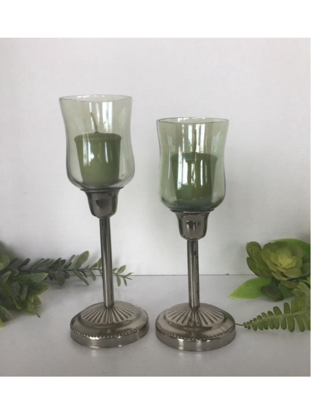 Candlesticks Silverplated with Sage colored Glass